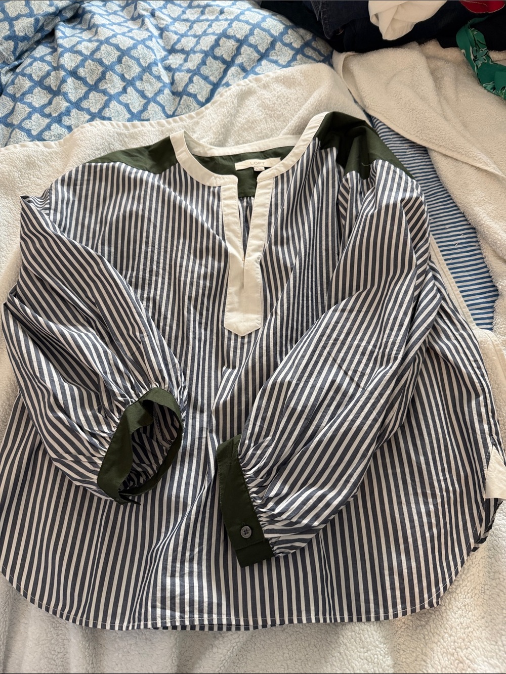 LOFT Navy and White Striped Button-Down with Olive Trim